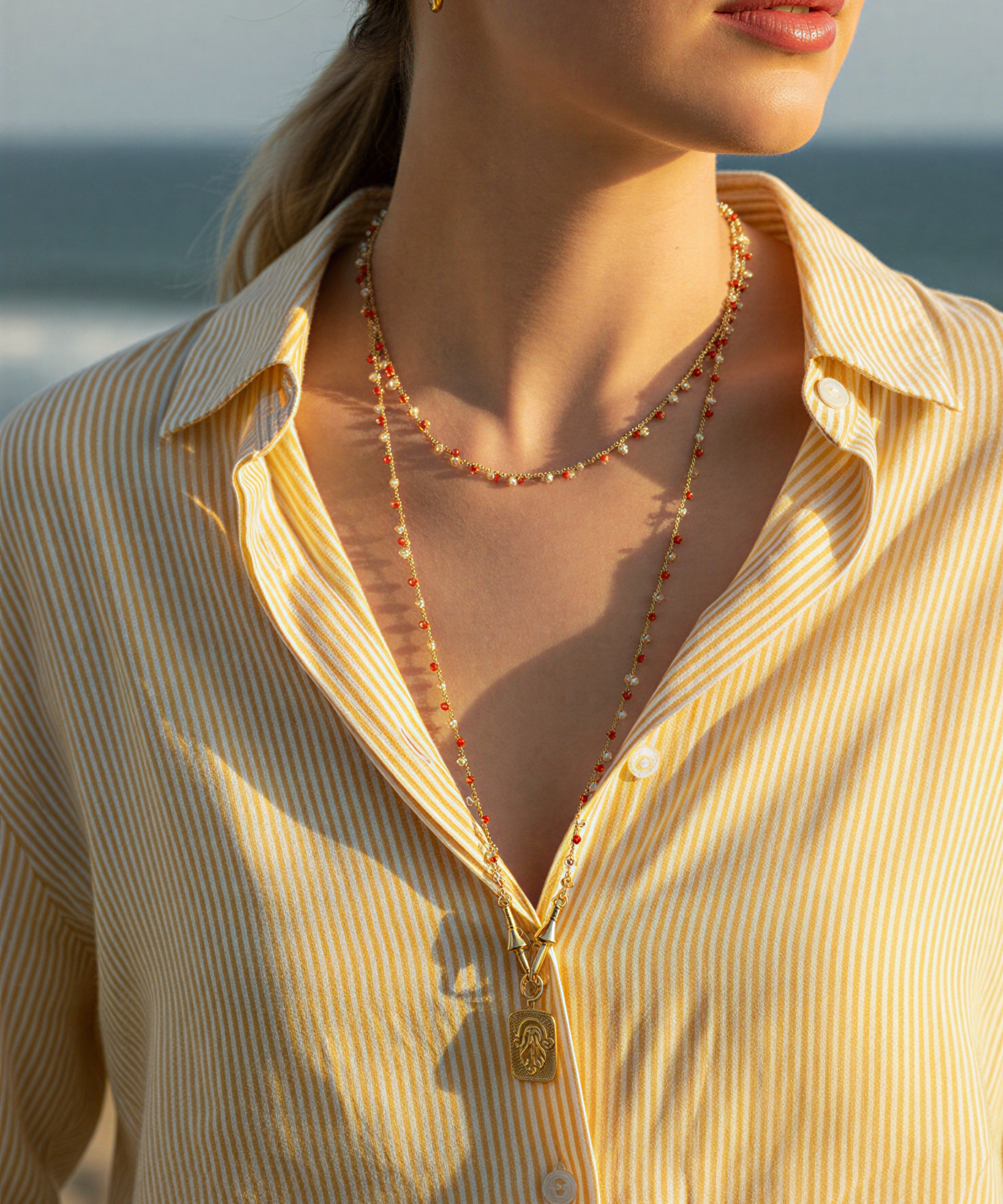 GYPSY RED WHITE BEADED CHAIN NECKLACE