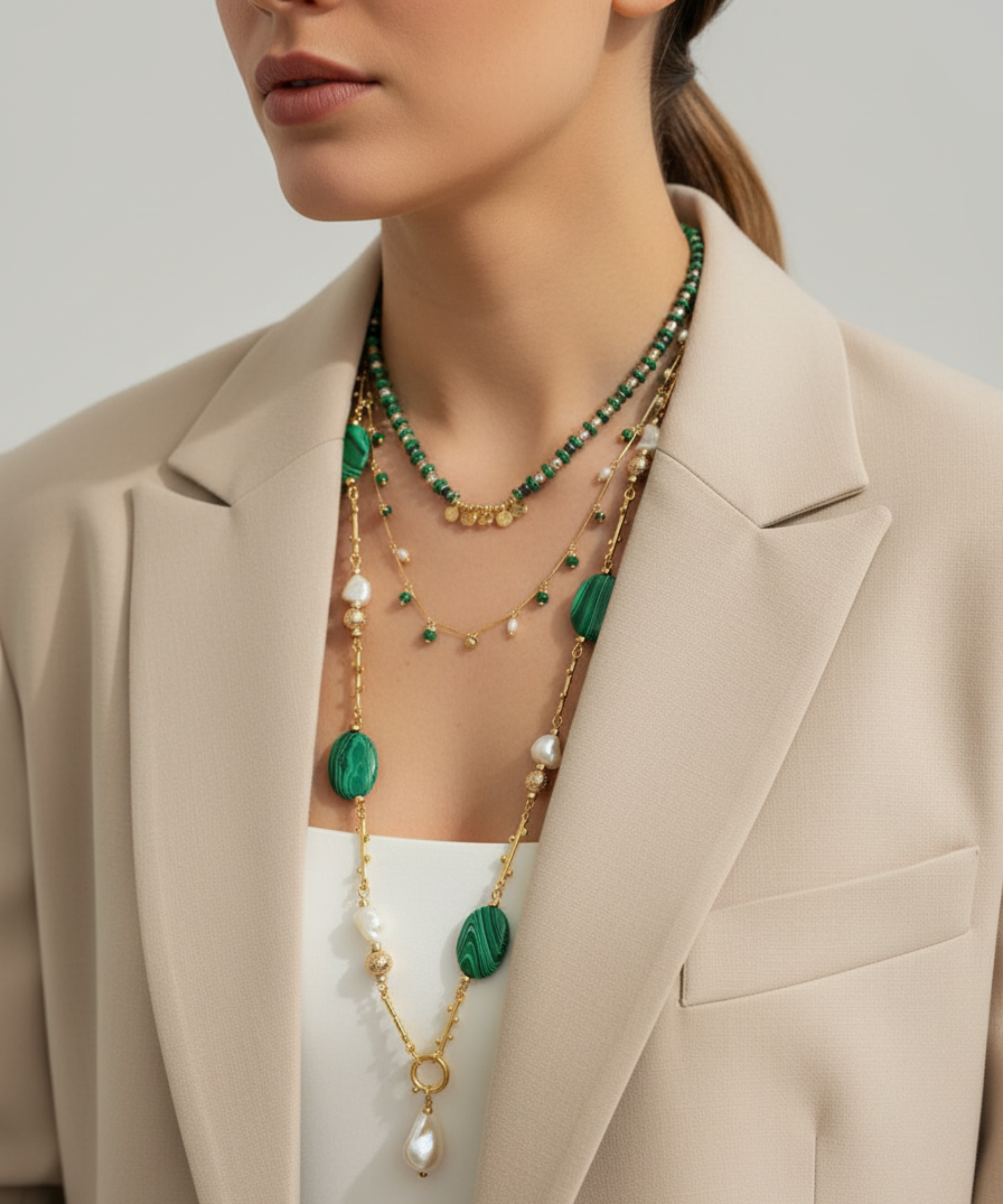 BONBON MALACHITE BAROQUE PEARL LONG NECKLACE