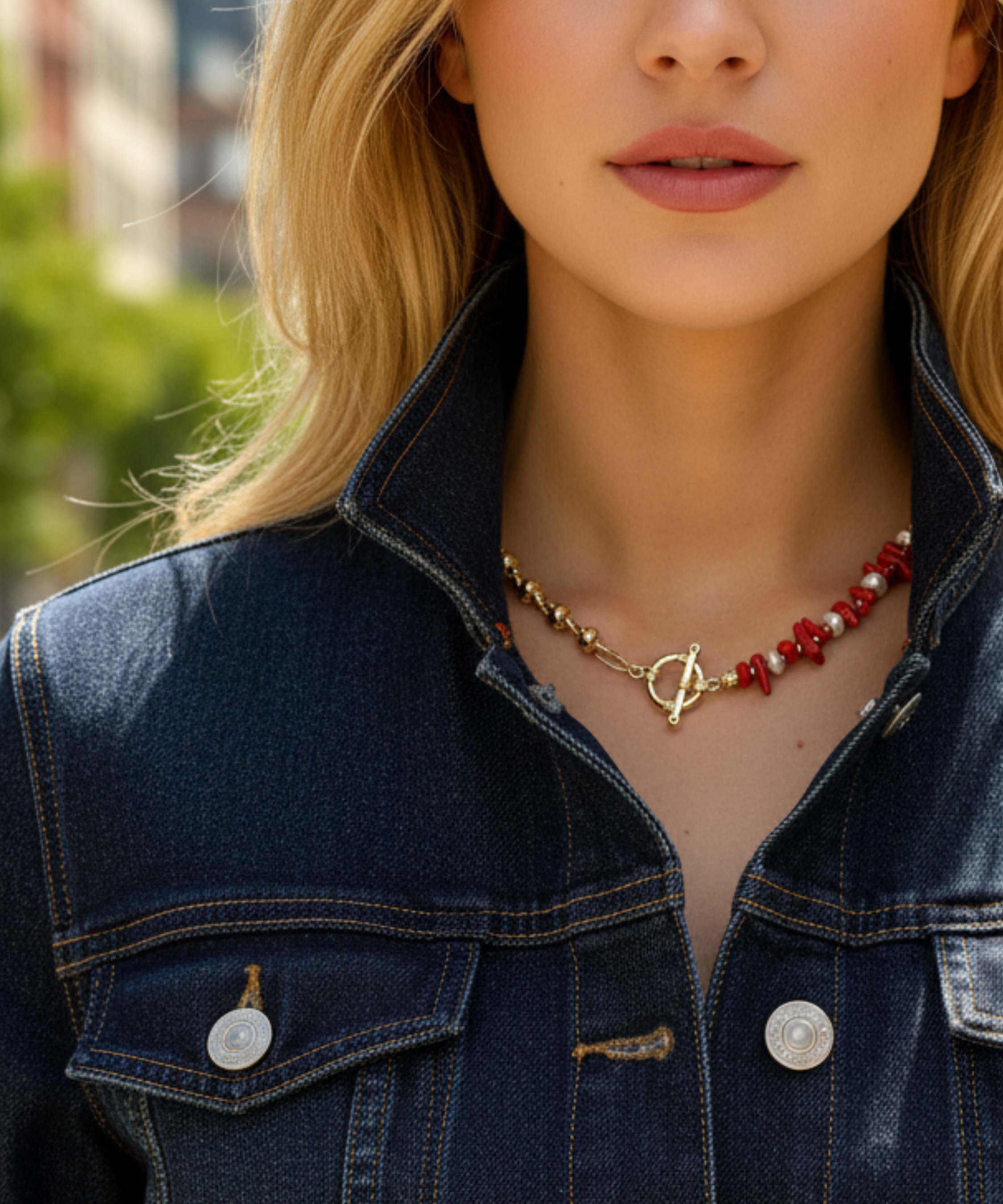 SUNSET CORAL RED NATURAL STONE PEARL NECKLACE