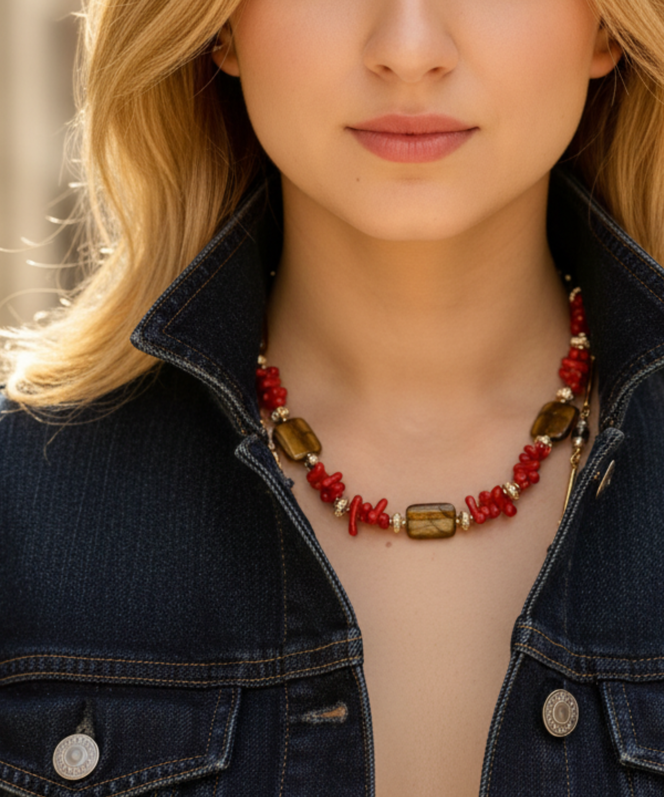 DESERT CORAL RED NATURAL STONE TIGER EYE NECKLACE