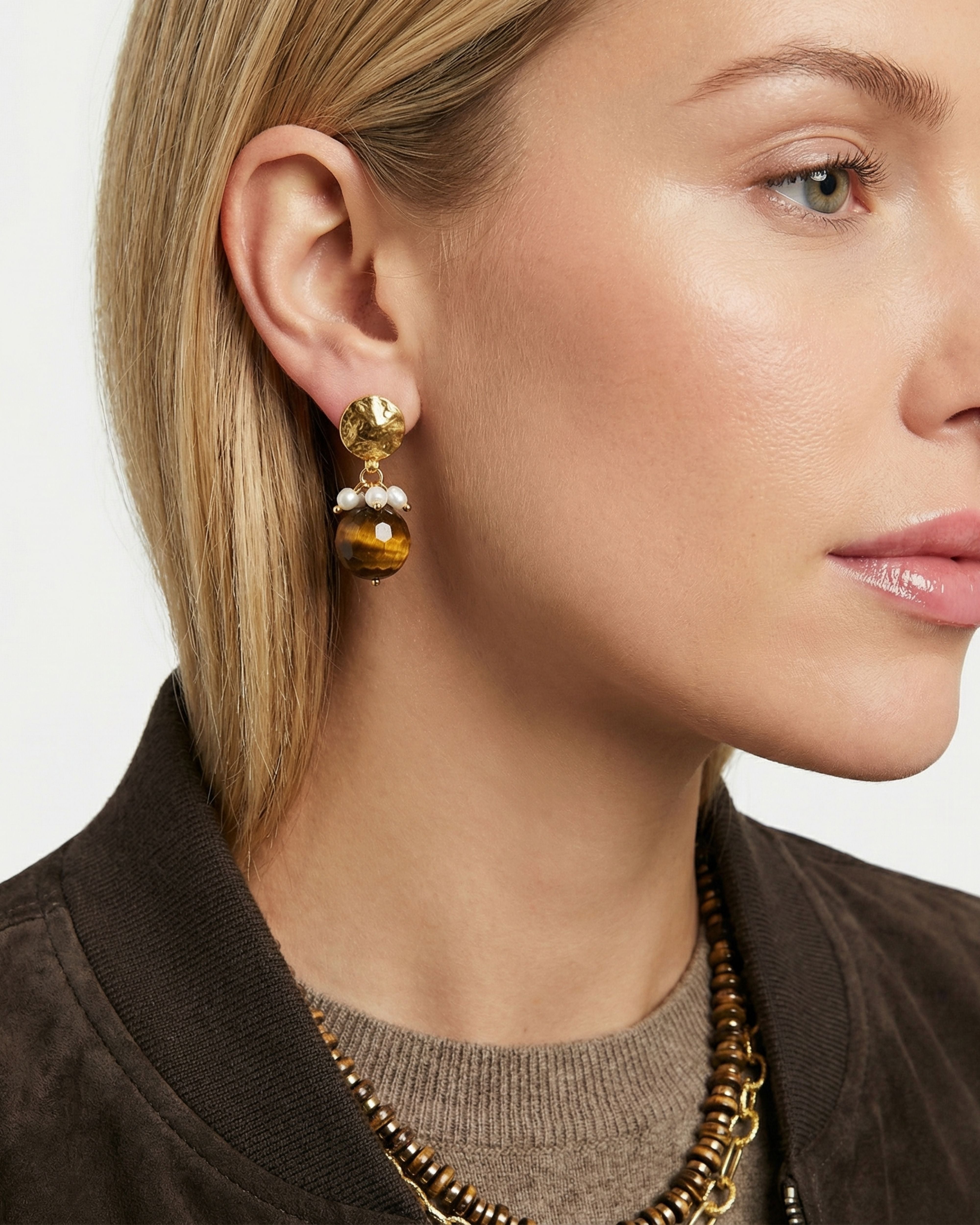 BONBON TIGER EYE PEARL EARRINGS