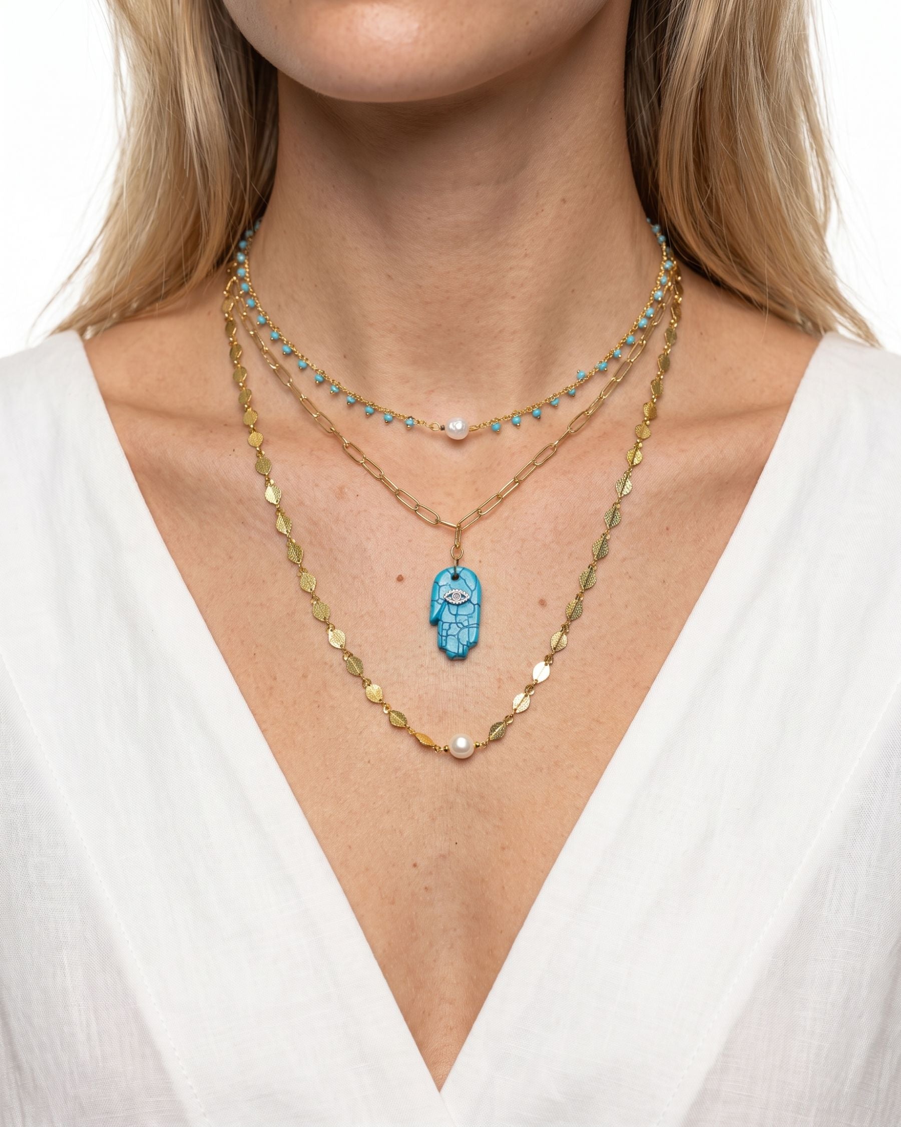 FORTUNE TURQUOISE HAMSA LAYERED NECKLACE