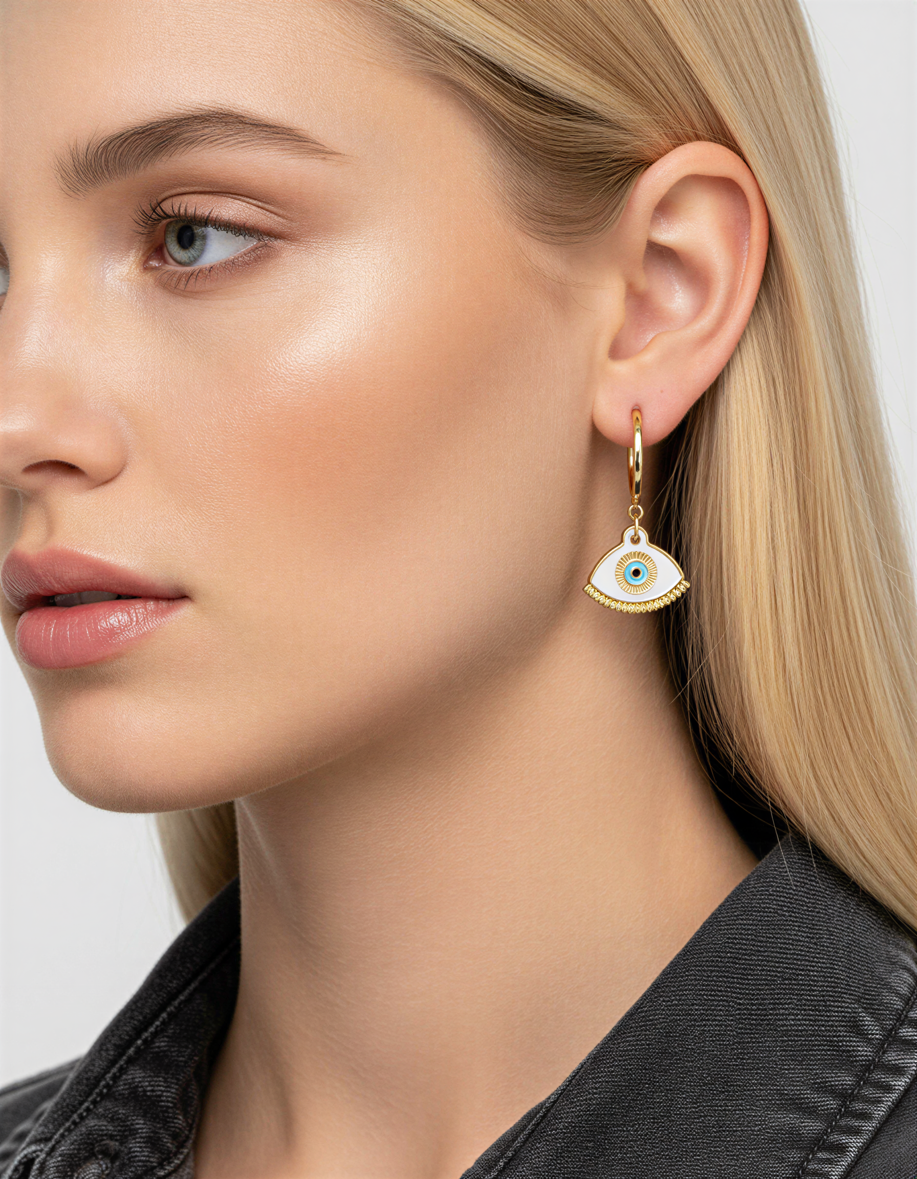 HERA WHITE NAZAR HOOP EARRINGS