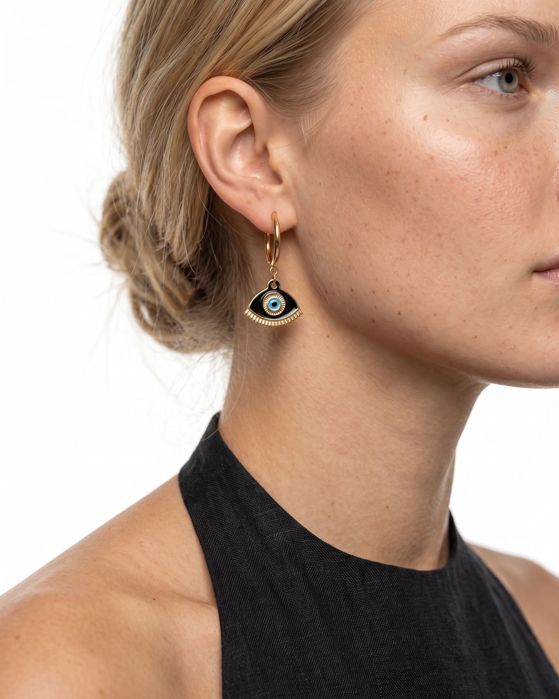 HERA BLACK NAZAR HOOP EARRINGS