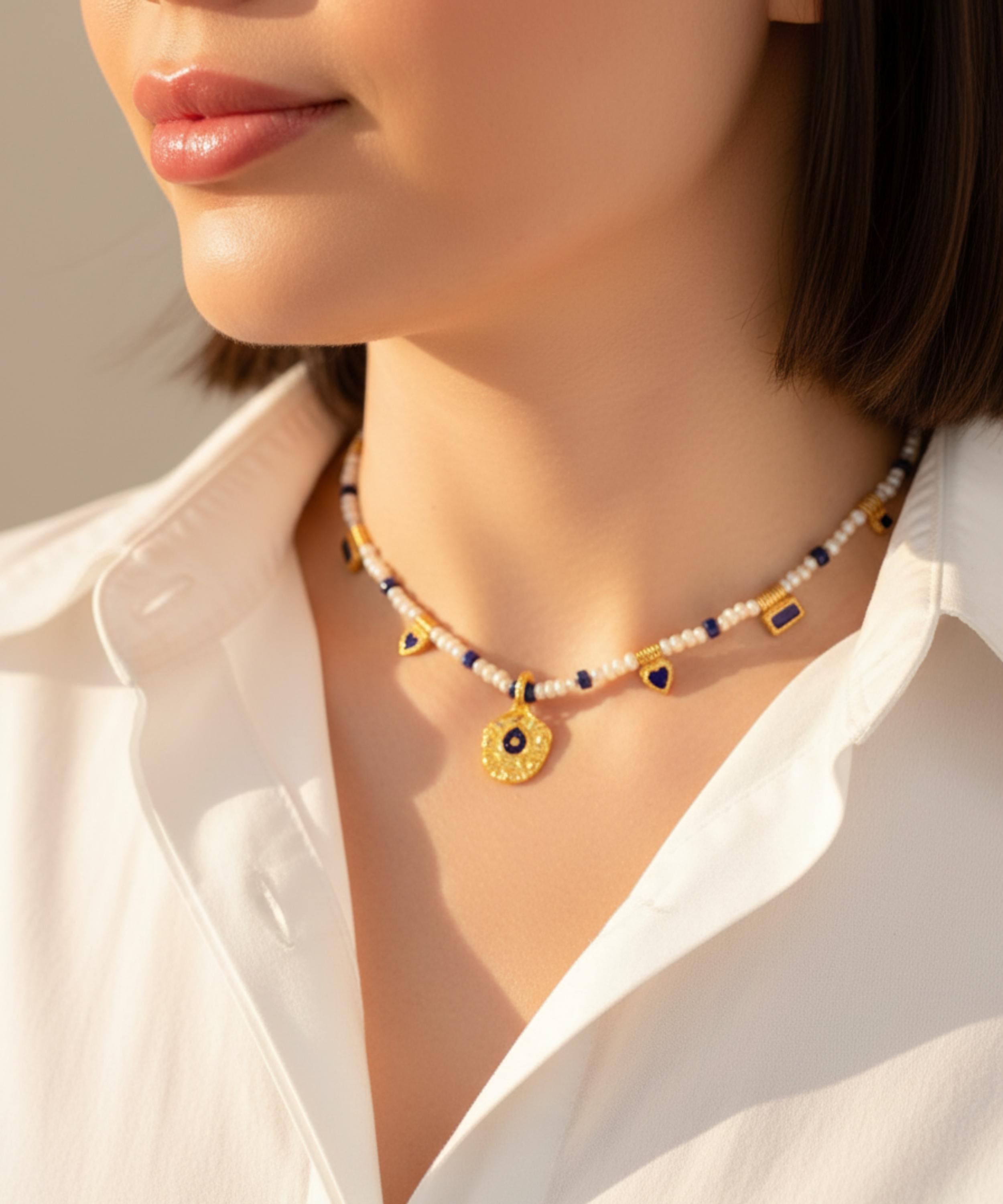 VINTAGE SONATA LAPIS PEARL NECKLACE