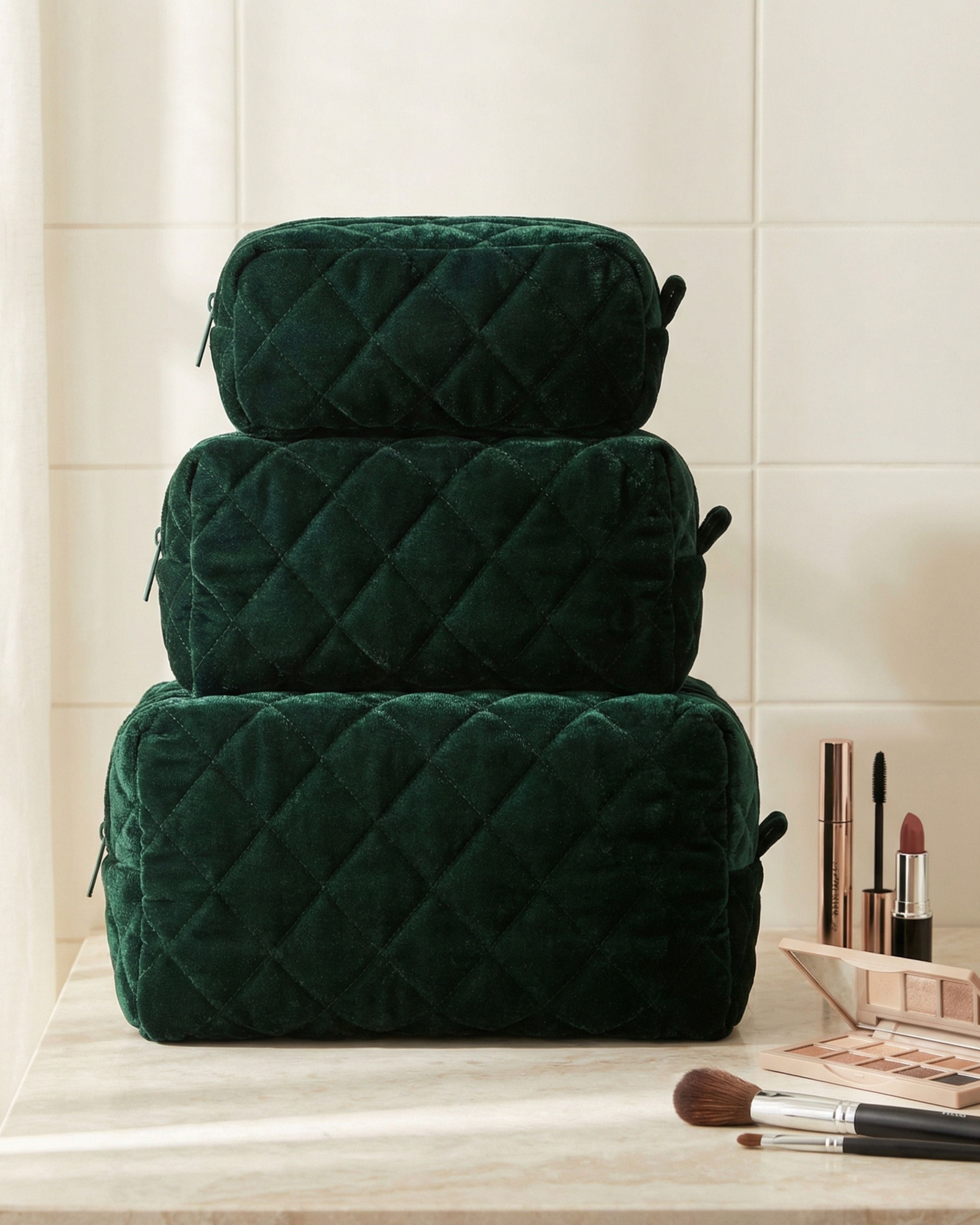 GREEN VELVET POUCH SET