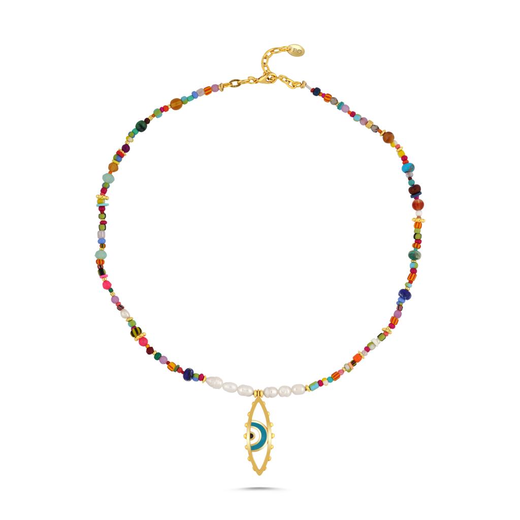 MIXED BEADED NAZAR PEARL LONG NECKLACE