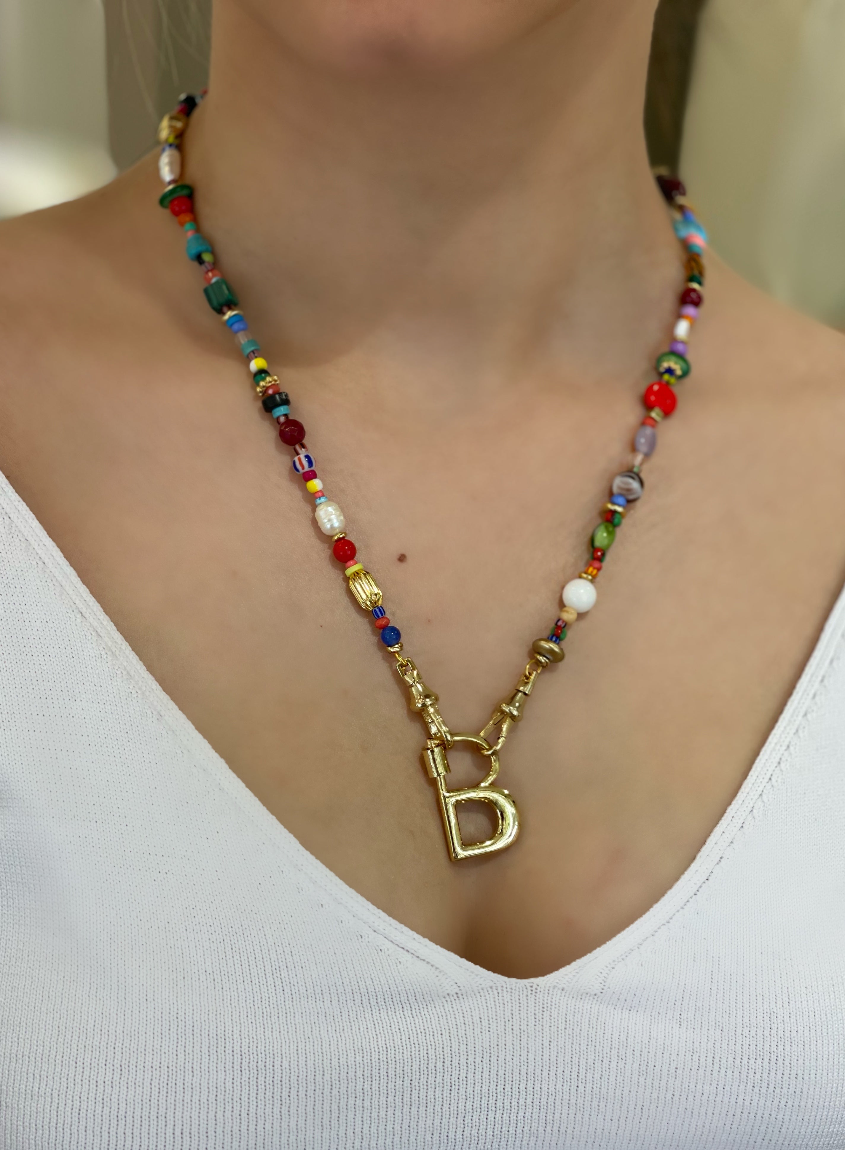 LETTER LOCK MIXED BEADED NECKLACE