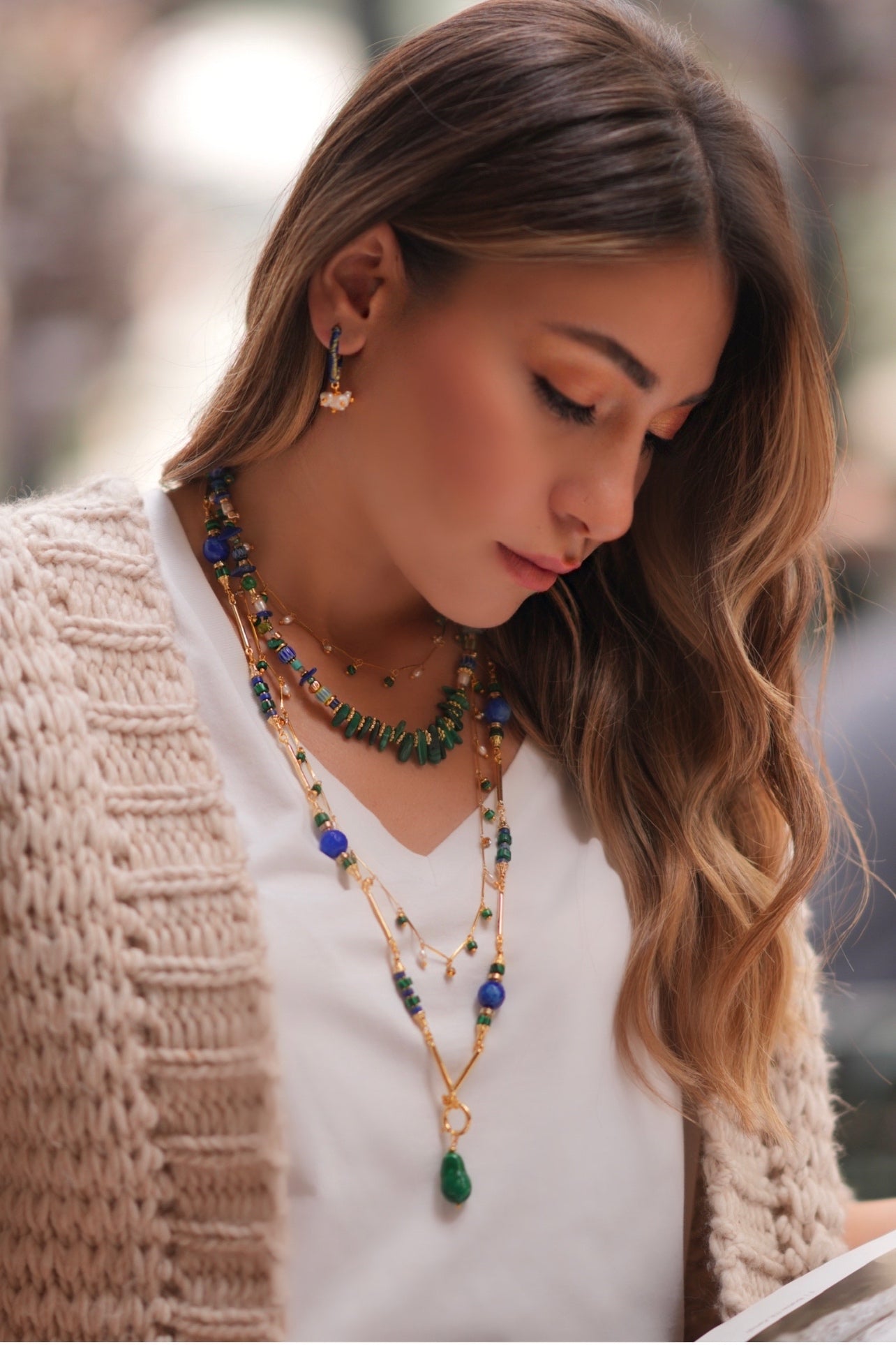 DANCING DISCO MALACHITE SPARKLE LONG NECKLACE