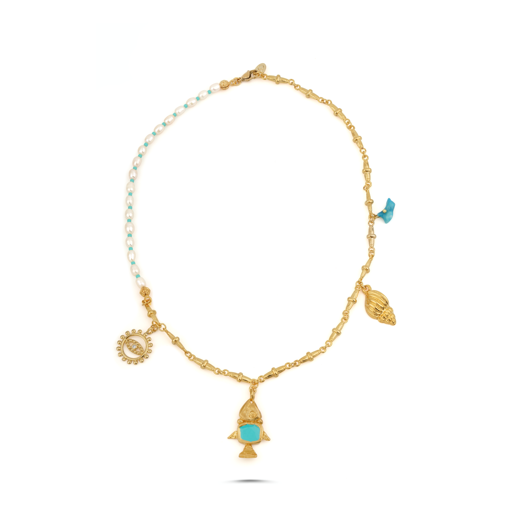 DANCING FISH CHARM PEARL TURQUOISE NECKLACE