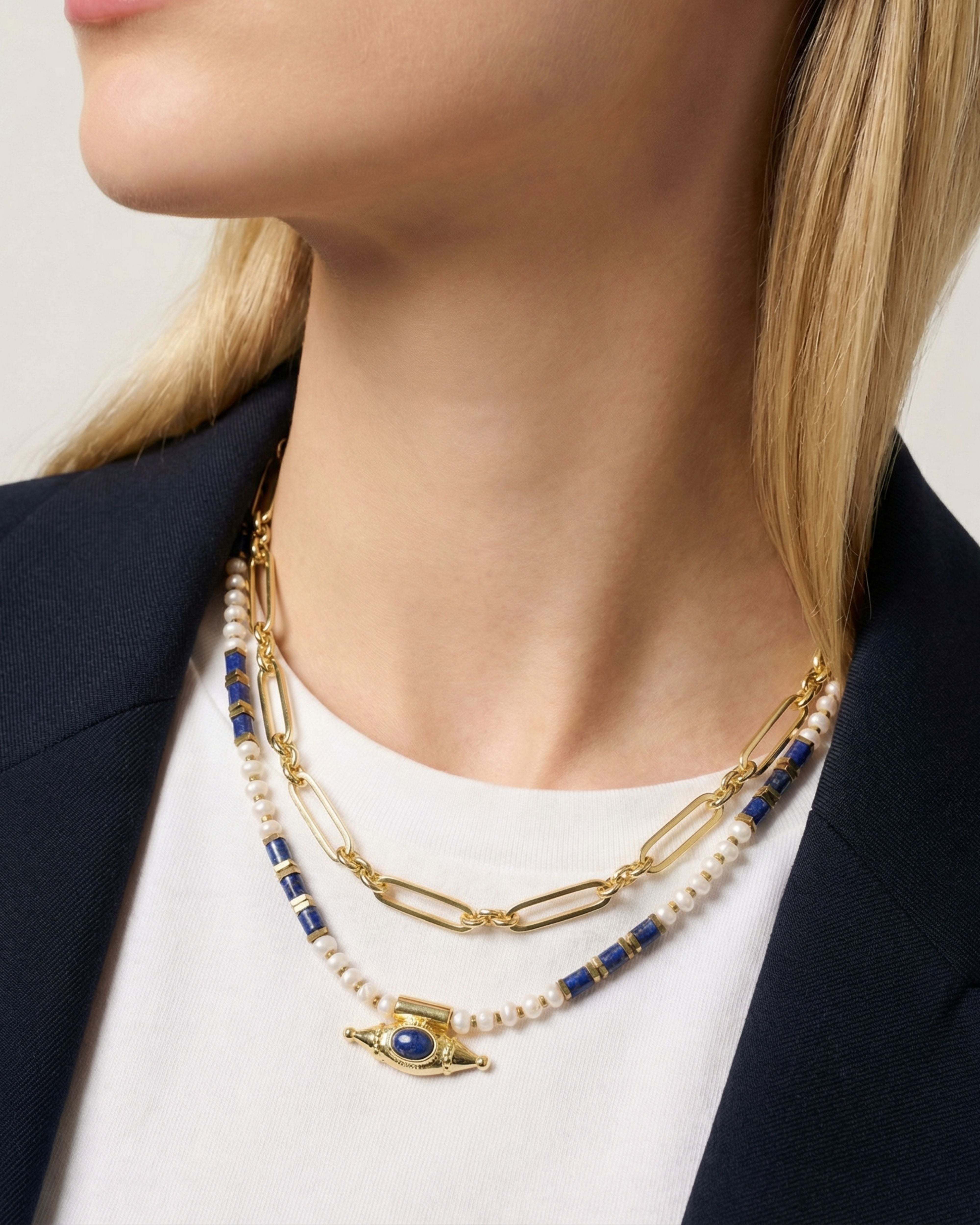 MYSTIC EYE LAPIS PEARL NECKLACE