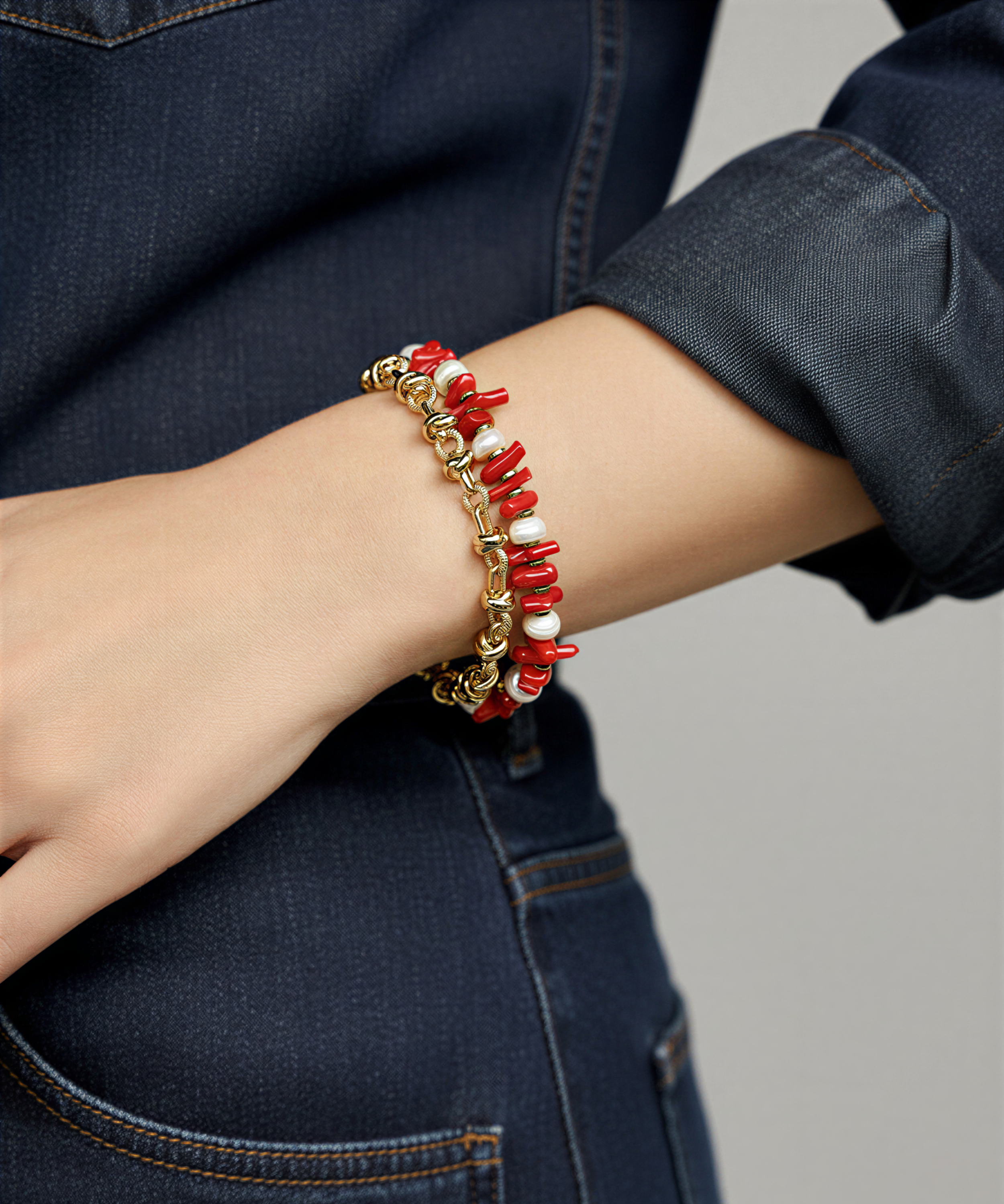 SUNSET CORAL RED NATURAL STONE PEARL BRACELET