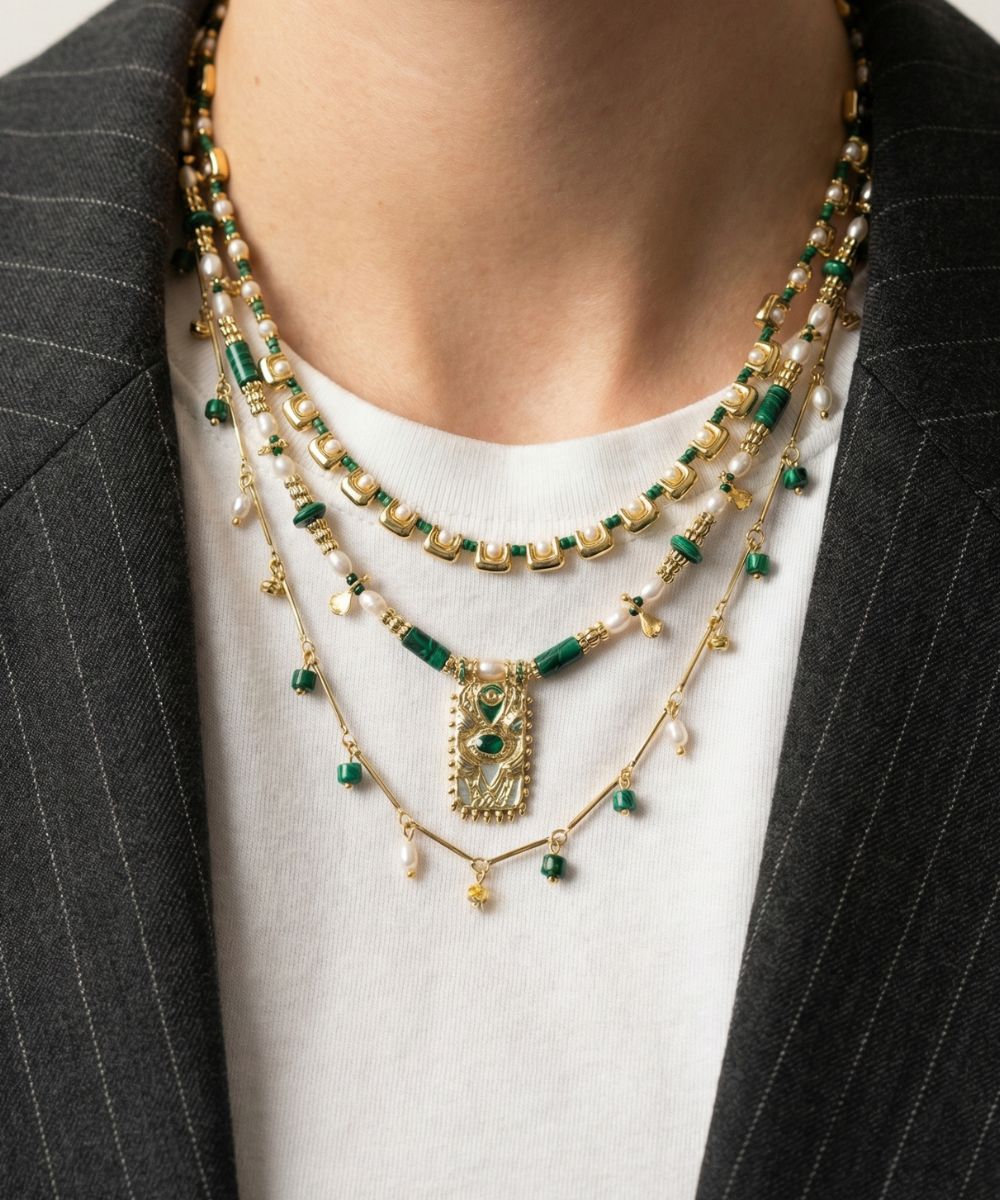 GOLDEN WAVE MALAHİT İNCİ KOLYE