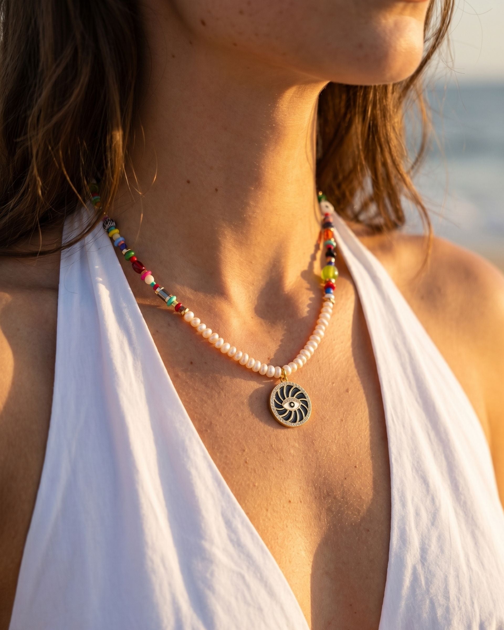 MULTICOLOR PEARL EVIL EYE NECKLACE
