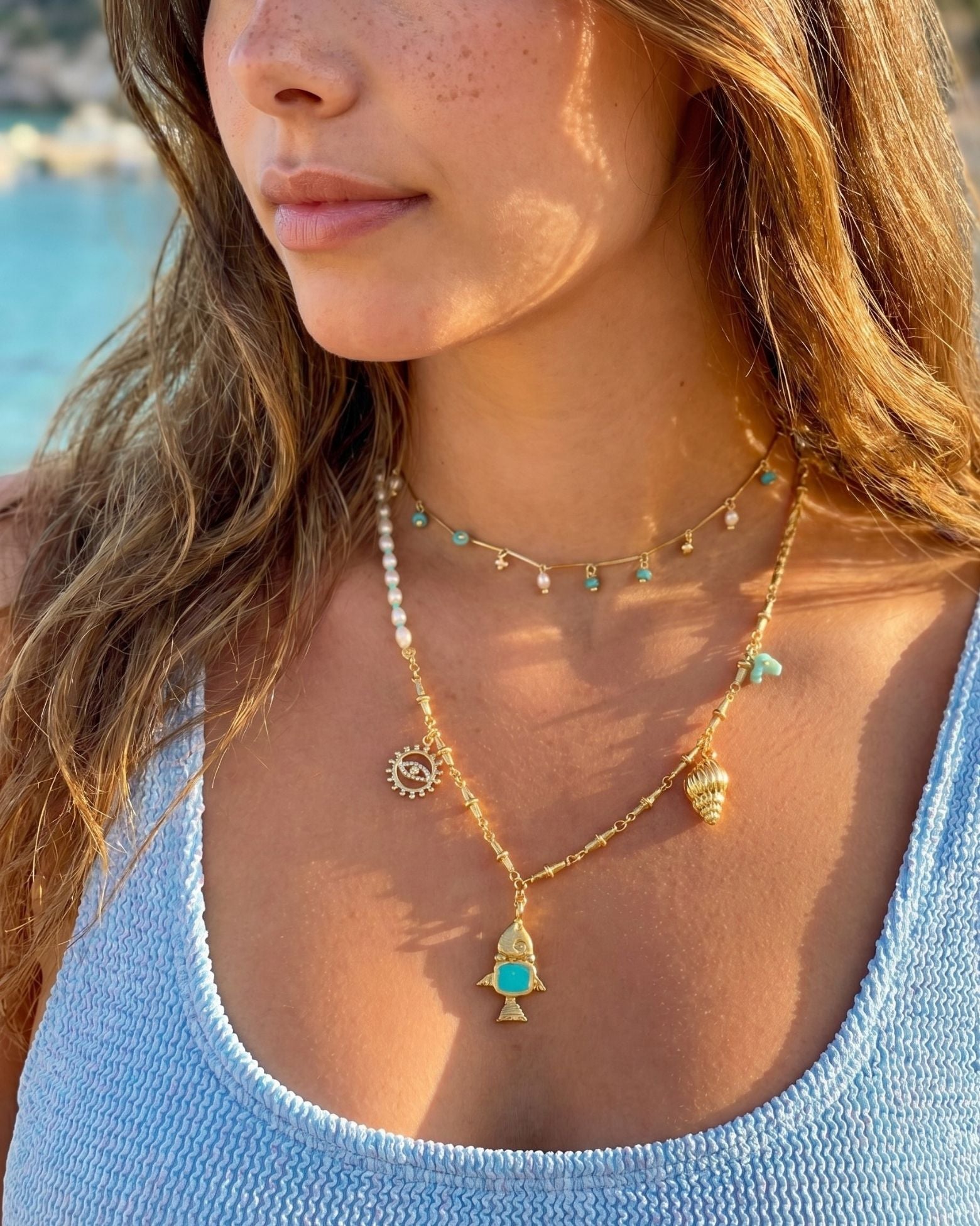 DANCING FISH CHARM PEARL TURQUOISE NECKLACE