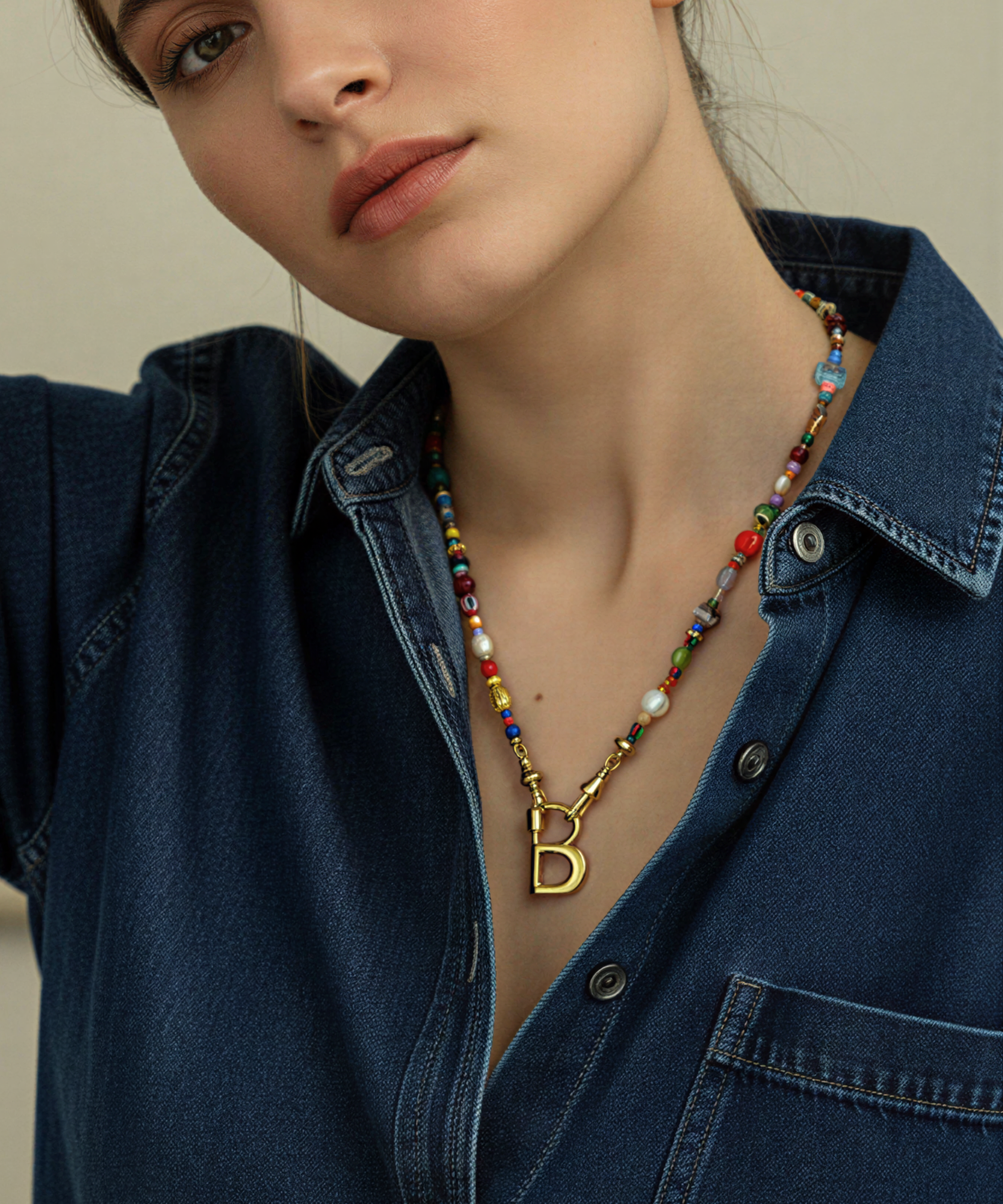 LETTER LOCK MIXED BEADED NECKLACE