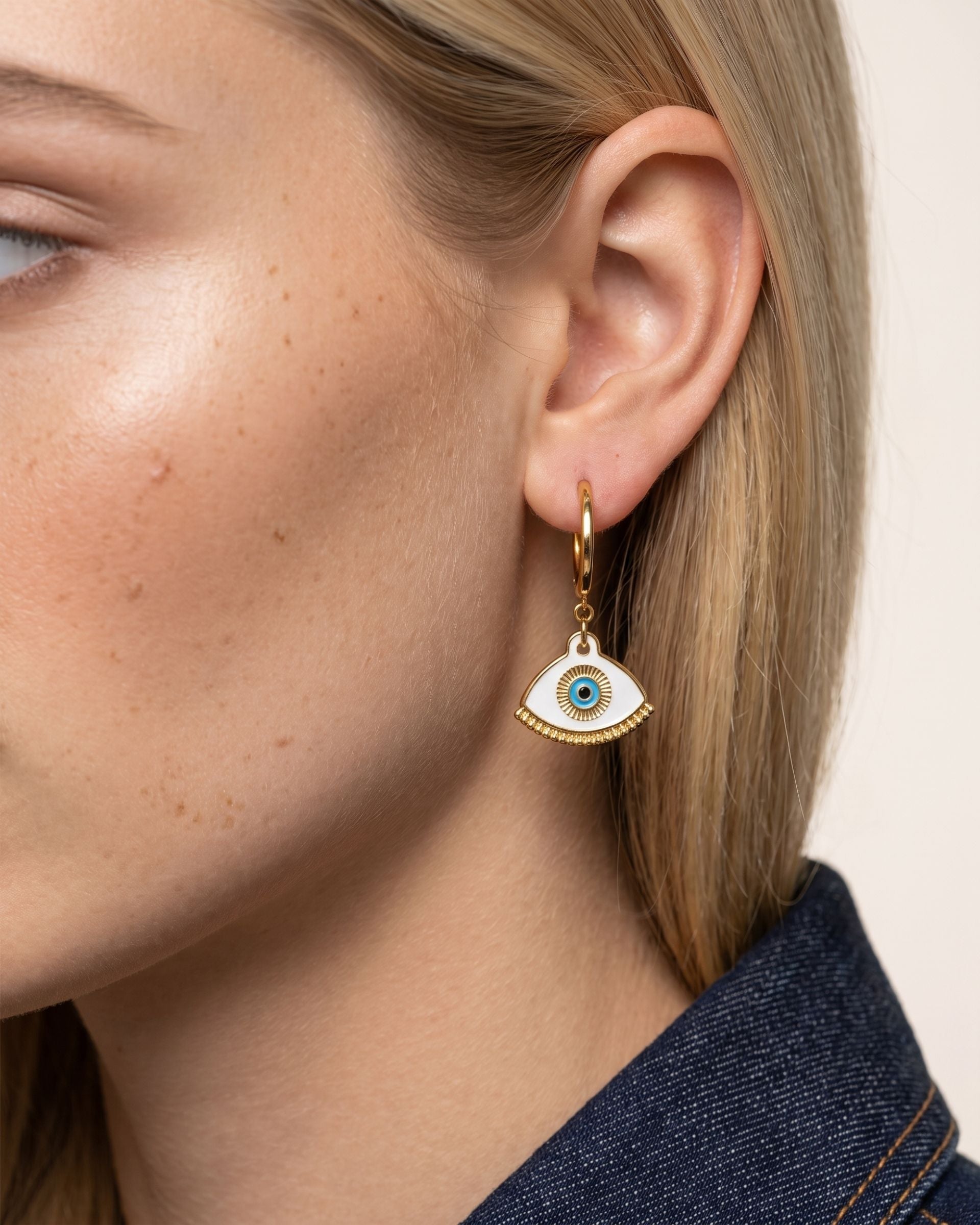 HERA WHITE NAZAR HOOP EARRINGS