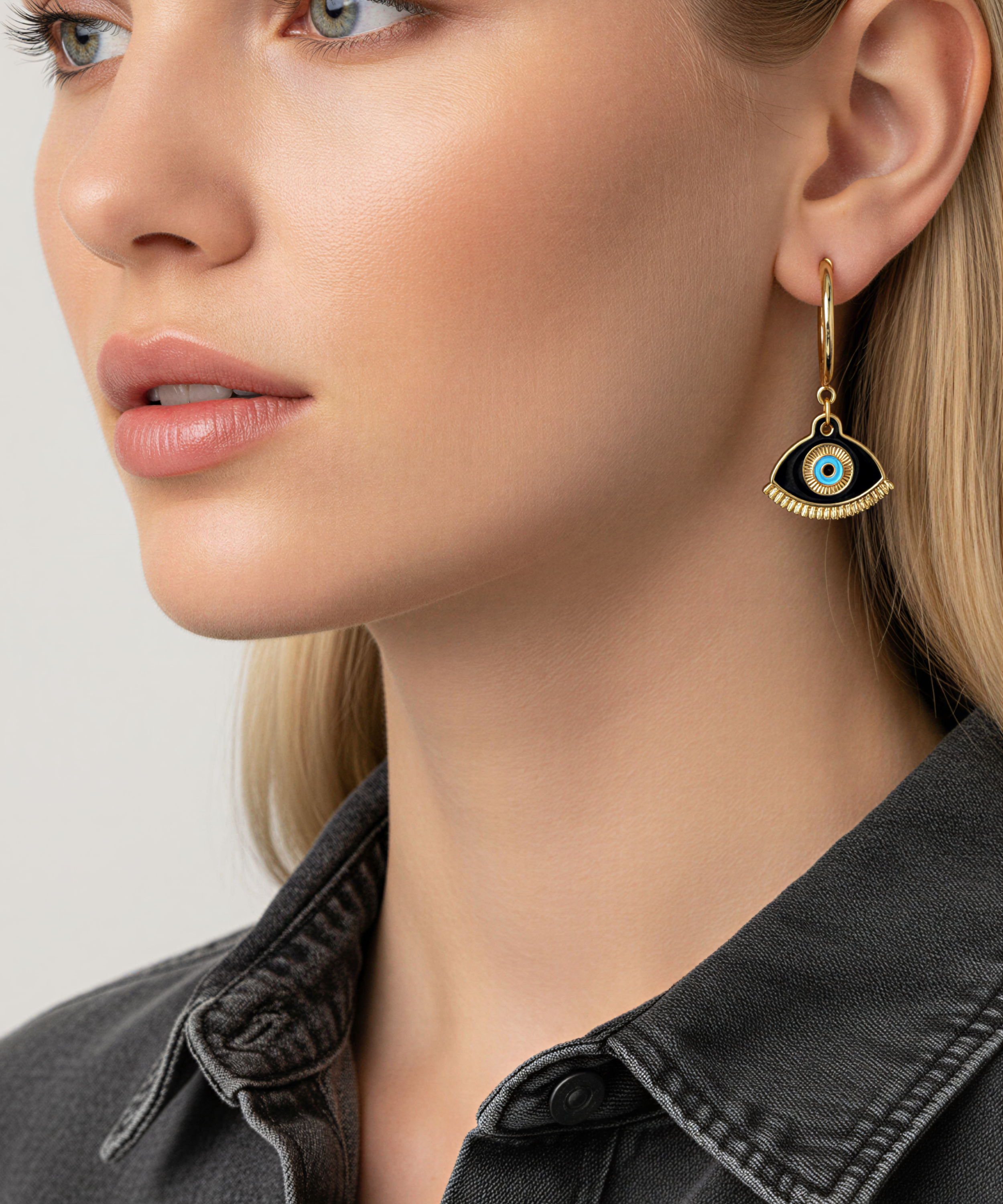 HERA BLACK NAZAR HOOP EARRINGS