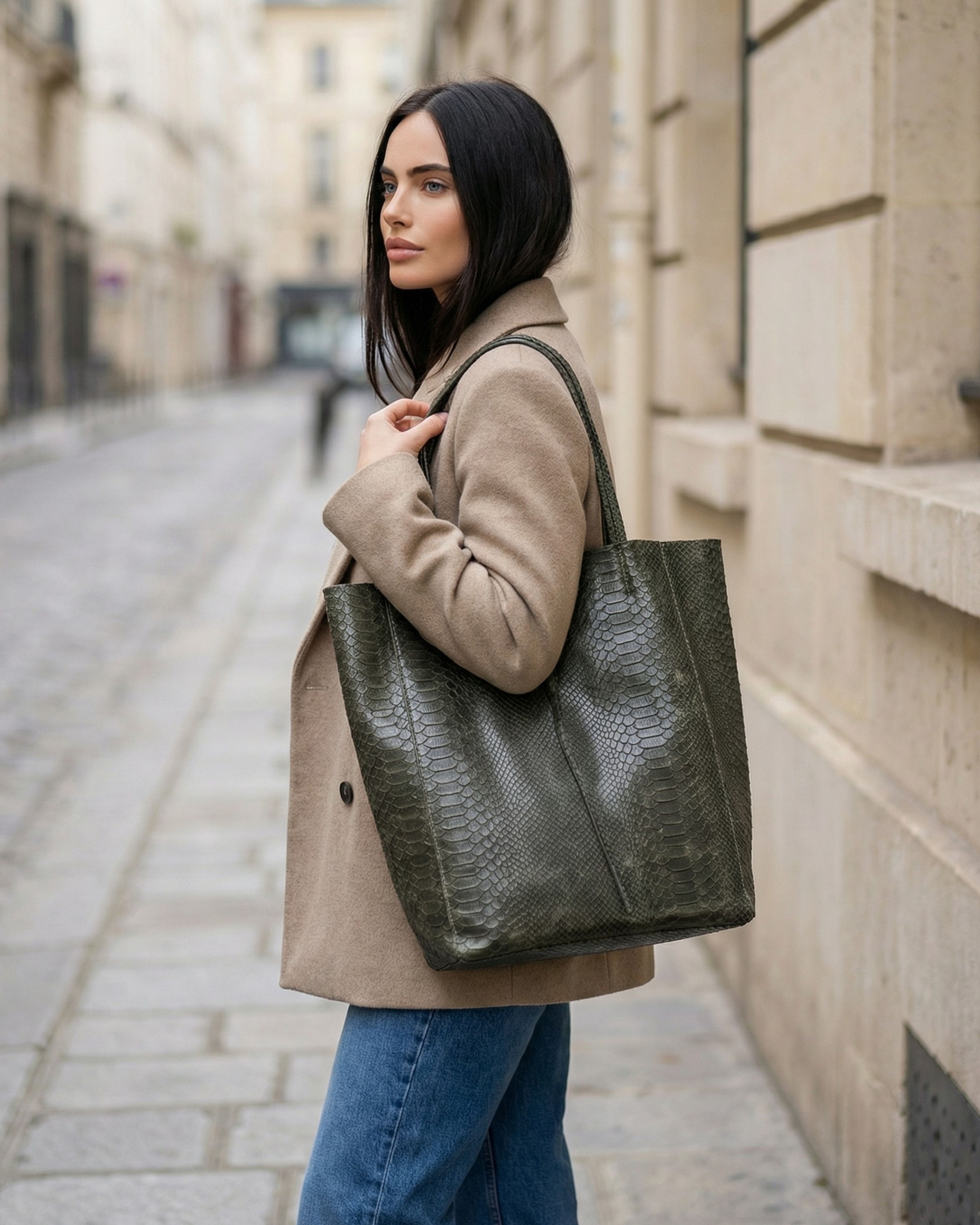 ESSENTIAL KHAKI LEATHER LARGE TOTE BAG