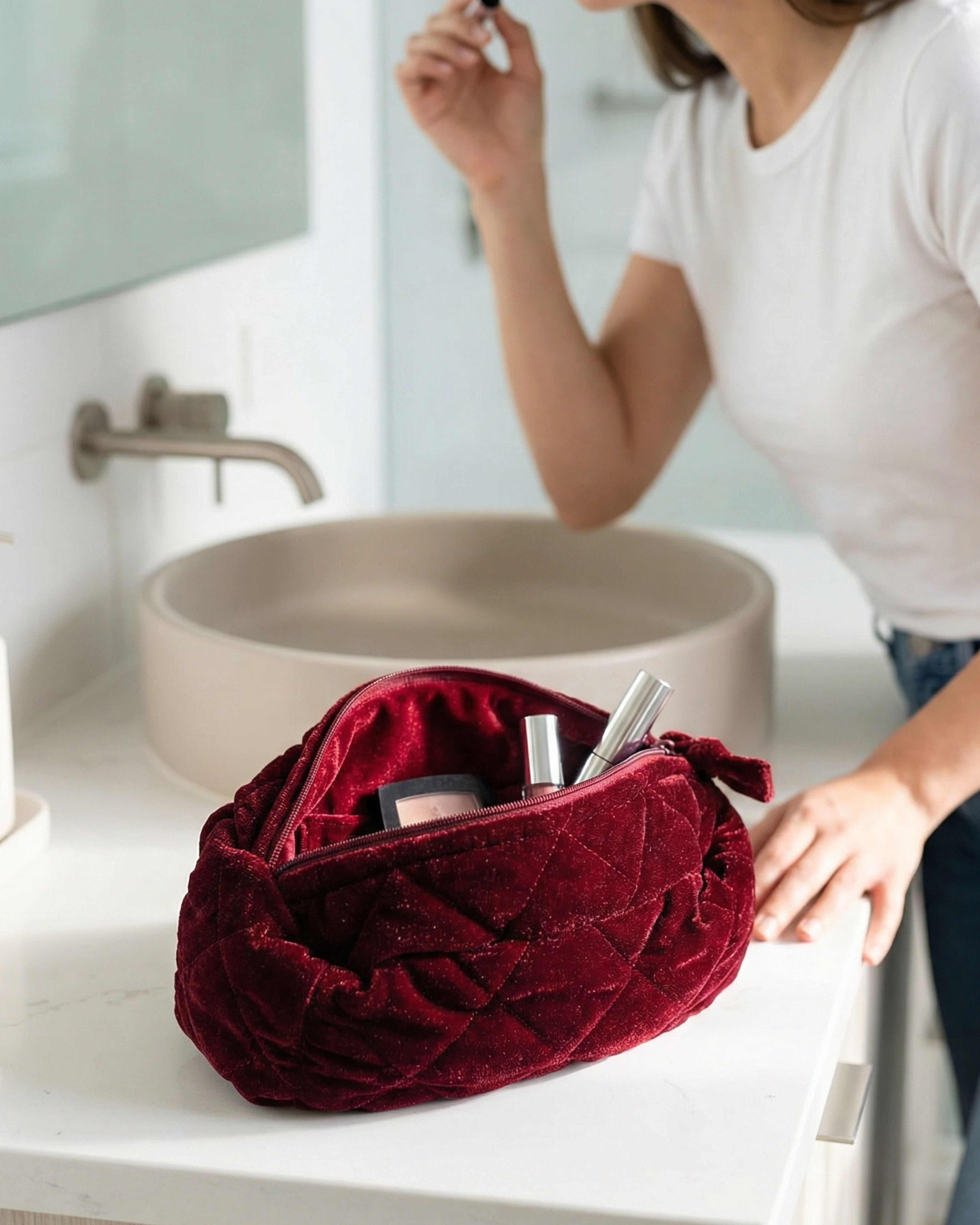 BURGUNDY VELVET POUCH SET