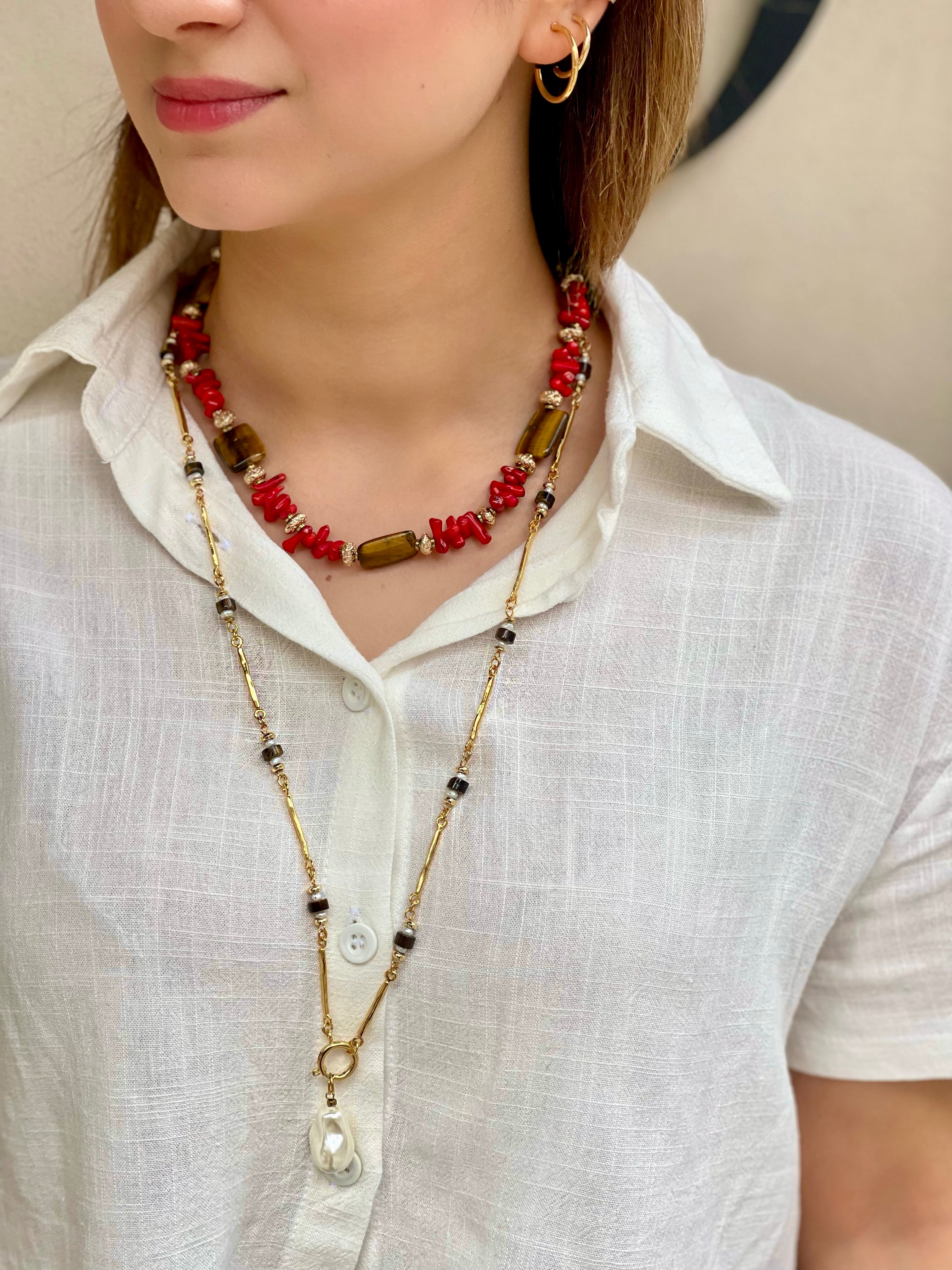 DESERT CORAL RED NATURAL STONE TIGER EYE NECKLACE