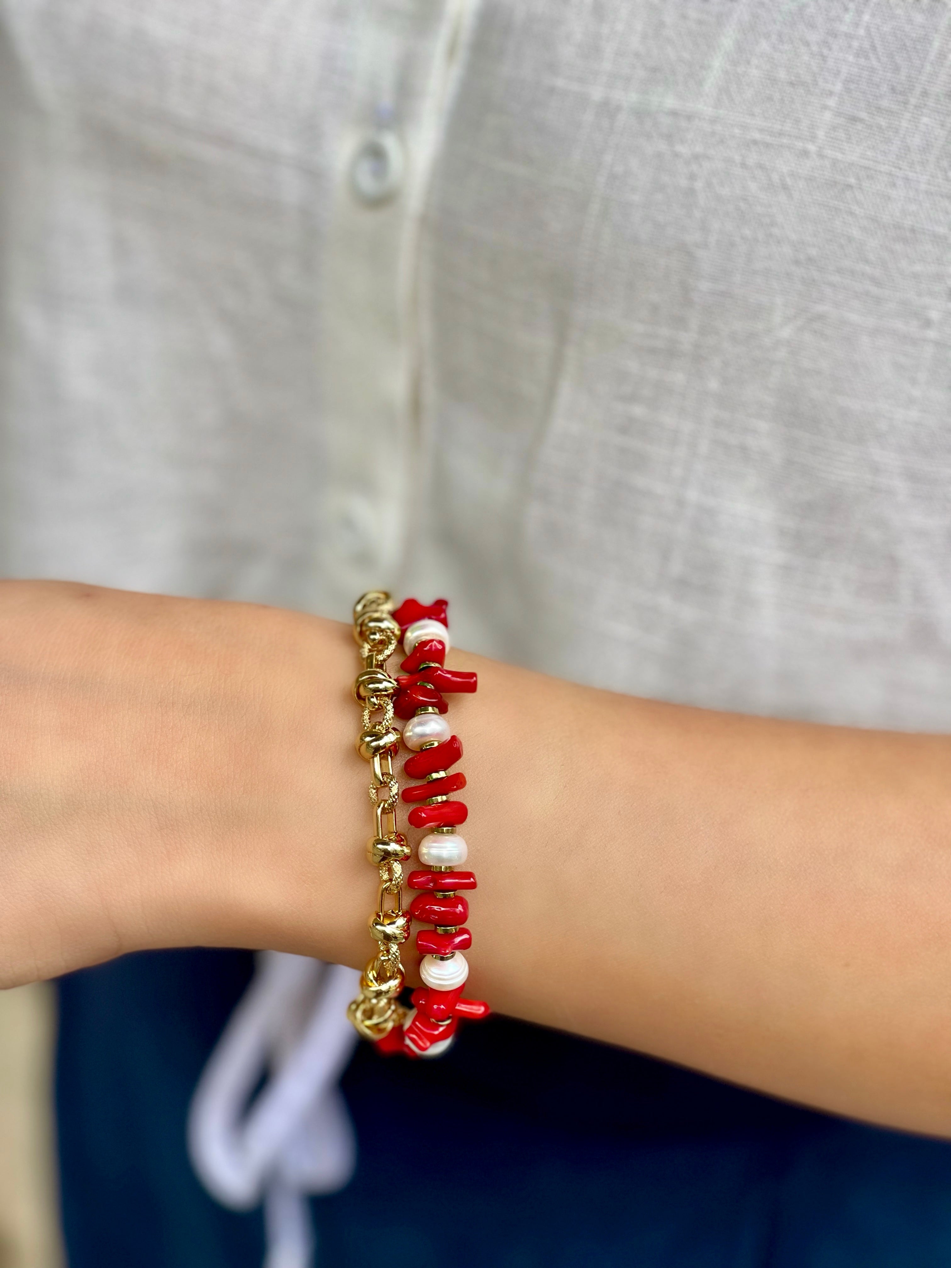 SUNSET CORAL RED NATURAL STONE PEARL BRACELET