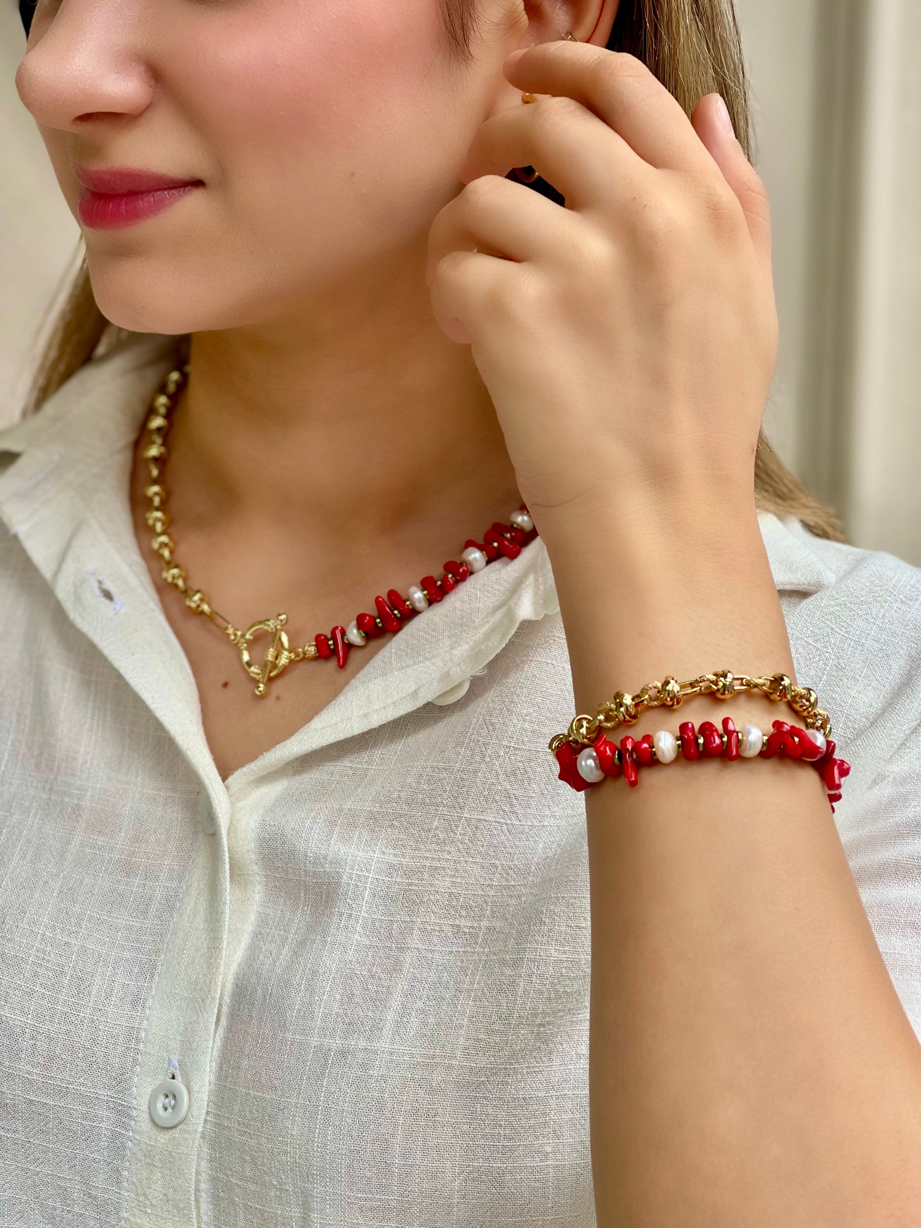 SUNSET CORAL RED NATURAL STONE PEARL BRACELET