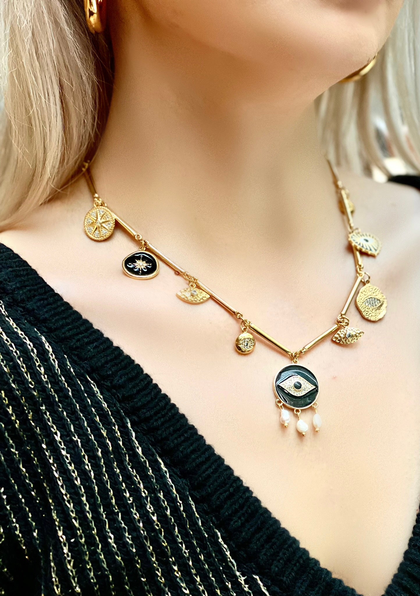 BLACK MULTI CHARM NECKLACE