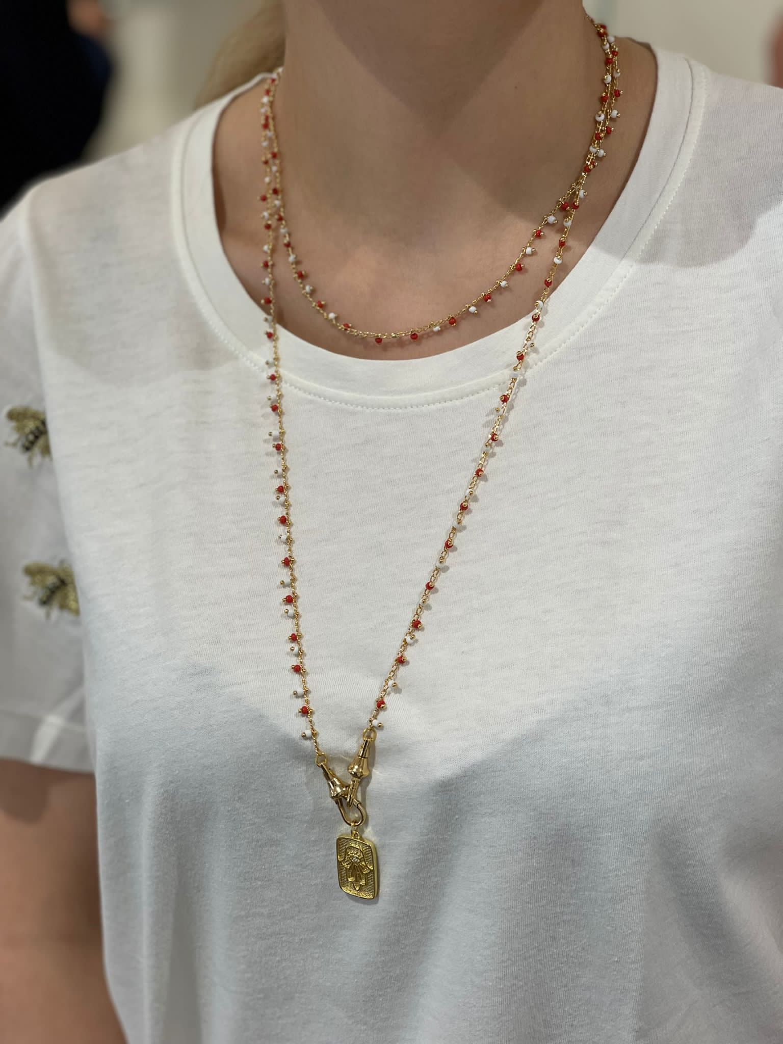 GYPSY RED WHITE BEADED CHAIN NECKLACE
